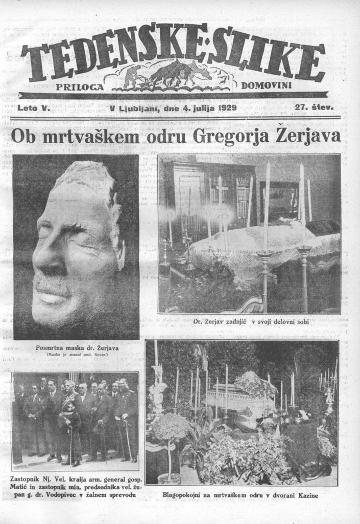 Tedenske slike, 4. 7. 1929, naslovnica s podobo Žerjavove posmrtne maske (Vir: dLib, NUK)