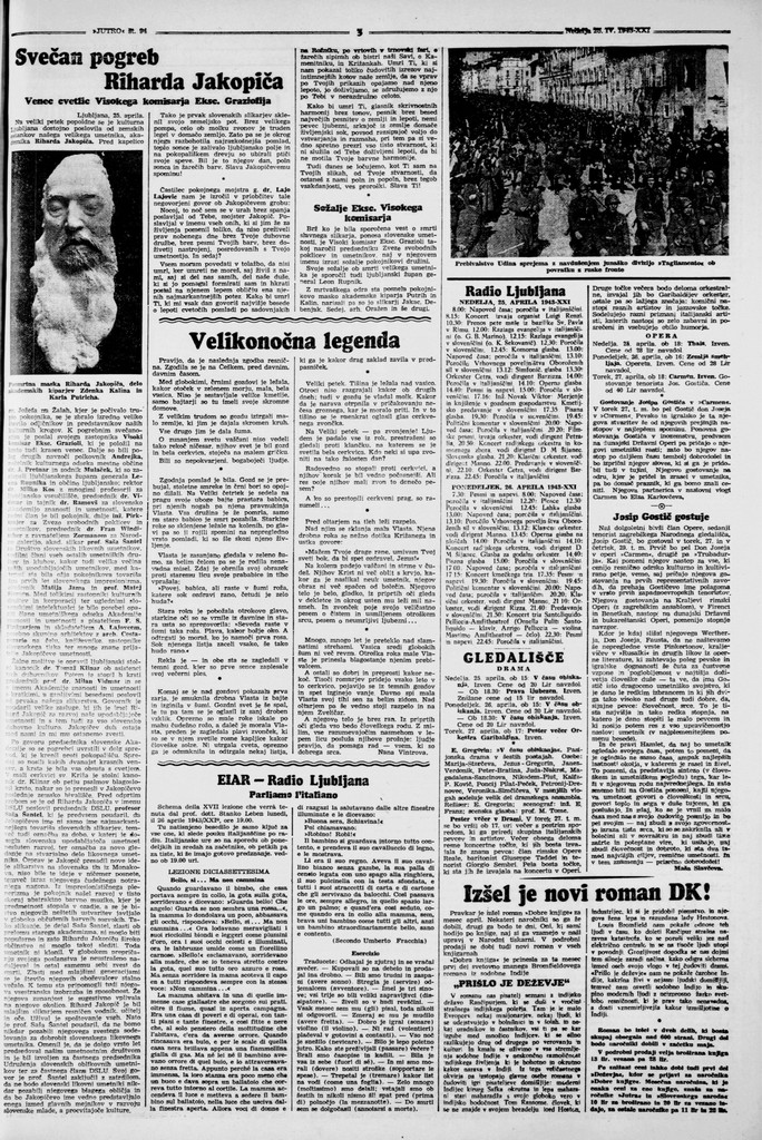 Celotna stran s člankom Svečan pogreb Riharda Jakopiča v časopisu Jutro, 25. 4. 1943 (Vir: dLib, NUK)