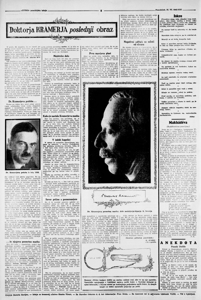 Celotna stran s prvim delom Justinovega članka Doktorja Kramerja poslednji obraz v časopisu Jutro, 21. 6. 1943 (Vir: dLib, NUK)