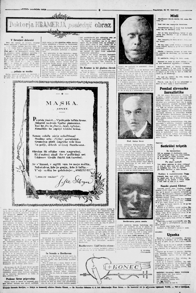 Celotna stran z drugim delom Justinovega članka Doktorja Kramerja poslednji obraz v časopisu Jutro, 28. 6. 1943 (Vir: dLib, NUK)