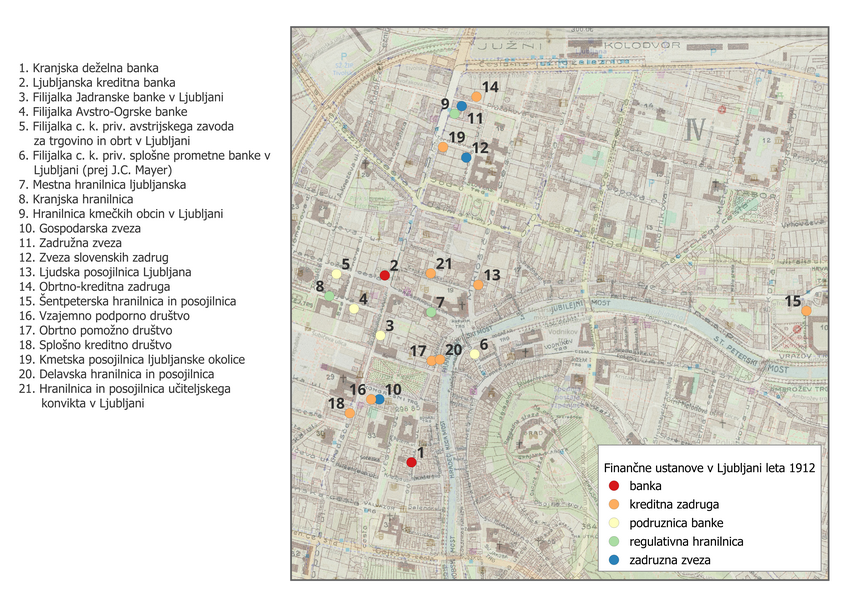 Zemljevid: Finančni zavodi v Ljubljani leta 1912.
                Vir: http://openstreetmap.org. Koch, C. M. Ljubljana, 1910. URN:NBN:SI:IMG-132KCU7C from http://www.dlib.si.