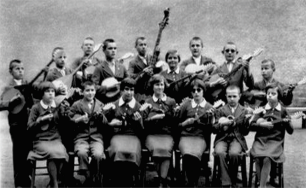 Figure 4. Tamburitza choir of pupils from the Institution for the Education
of Blind Children in Zagreb, llica 83. The picture shows Mijo Spasojević
(standing in the centre, playing the double bass) and Franjo Tonković (fourth
from the left). School year 1935/36. Tiflološki muzej, Zagreb, 1935, photographic print. Inv. No.:
990.1:ZAG-3705